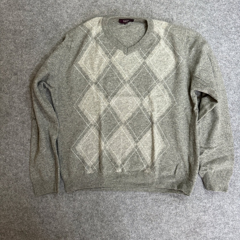 Burton of London‎ Argyle V-Neck Sweater XL Grey Wool Blend
